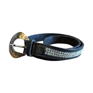 Vintage Belt Rhinestone Italian Leather Black Size XS Silver Buckle Boho Western